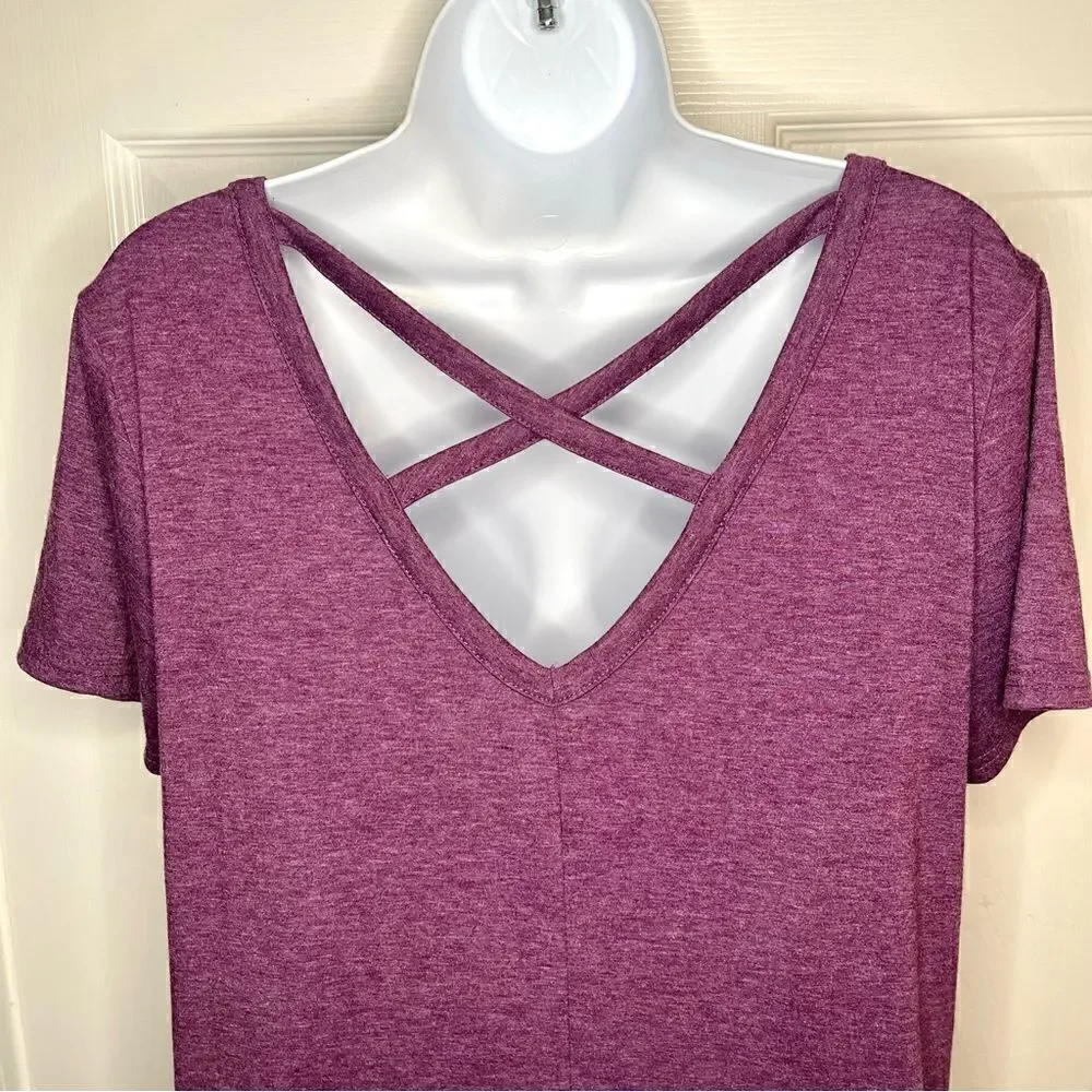 Yelete Criss Cross Back TShirt Dress Swing Athletic VNeck Purple S
